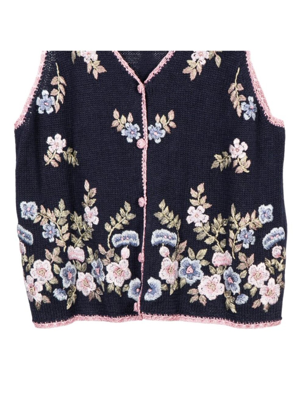 Floral Sweater Vest S Petite Navy Blue Pink Buttons 90s Grammacore Cottagecore - Picture 3 of 5